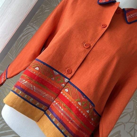 Coldwater Creek Womens Linen Embroidered Blazer Sz S Orange Crop Jacket Colorful - Picture 4 of 9